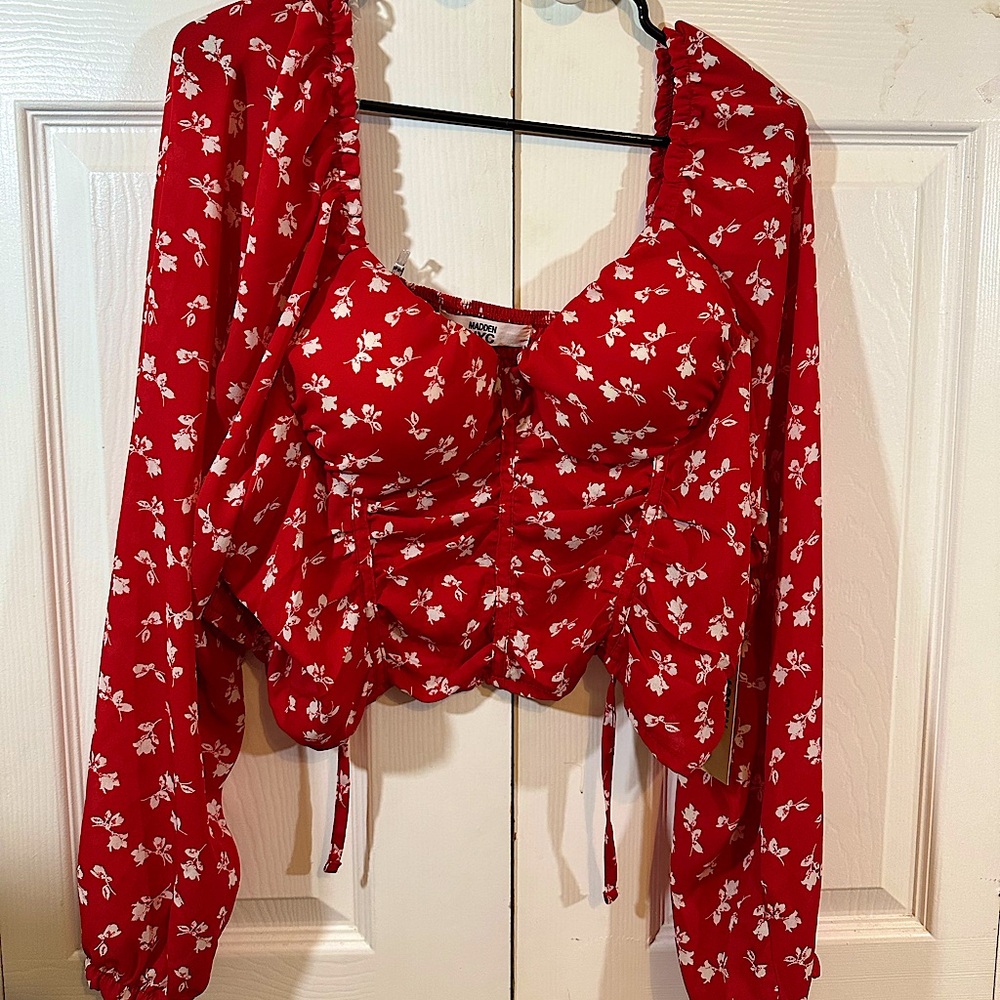 Red ditsy floral blouse, a crop top with long poof sleeves